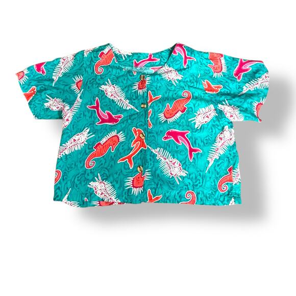 Vintage 90s Ocean Print Shirt Dolphin Seahorse Shells Cropped Button Front Top - Picture 1 of 9